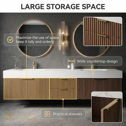 60''-96'' Double Bathroom Vanity with Sink Walnut Floating Open Shelving Vertically Grooved