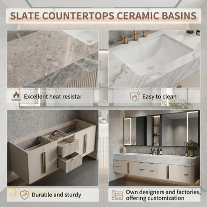 60''-96'' Double Bathroom Vanity with Sink Modern Floating Basin Ridge Textured Doors