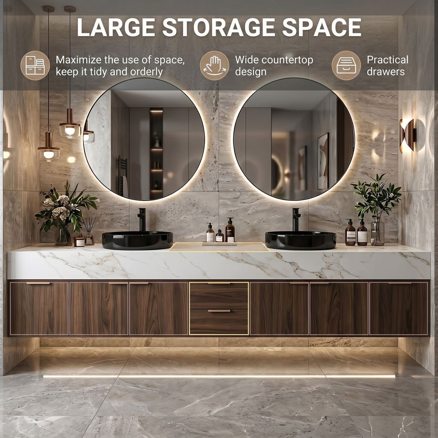 70''-96'' Double Bathroom Vanity with Sink Marble Top Wood-Grain Base Backlit Mirrors