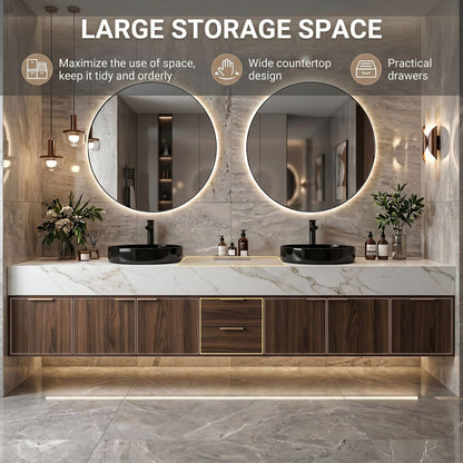 70''-96'' Double Bathroom Vanity with Sink Marble Top Wood-Grain Base Backlit Mirrors