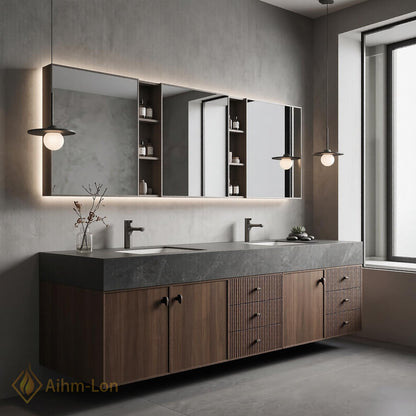 60''-96'' Double Bathroom Vanity with Sink Modern Floating Dark Stone Top Ribbed