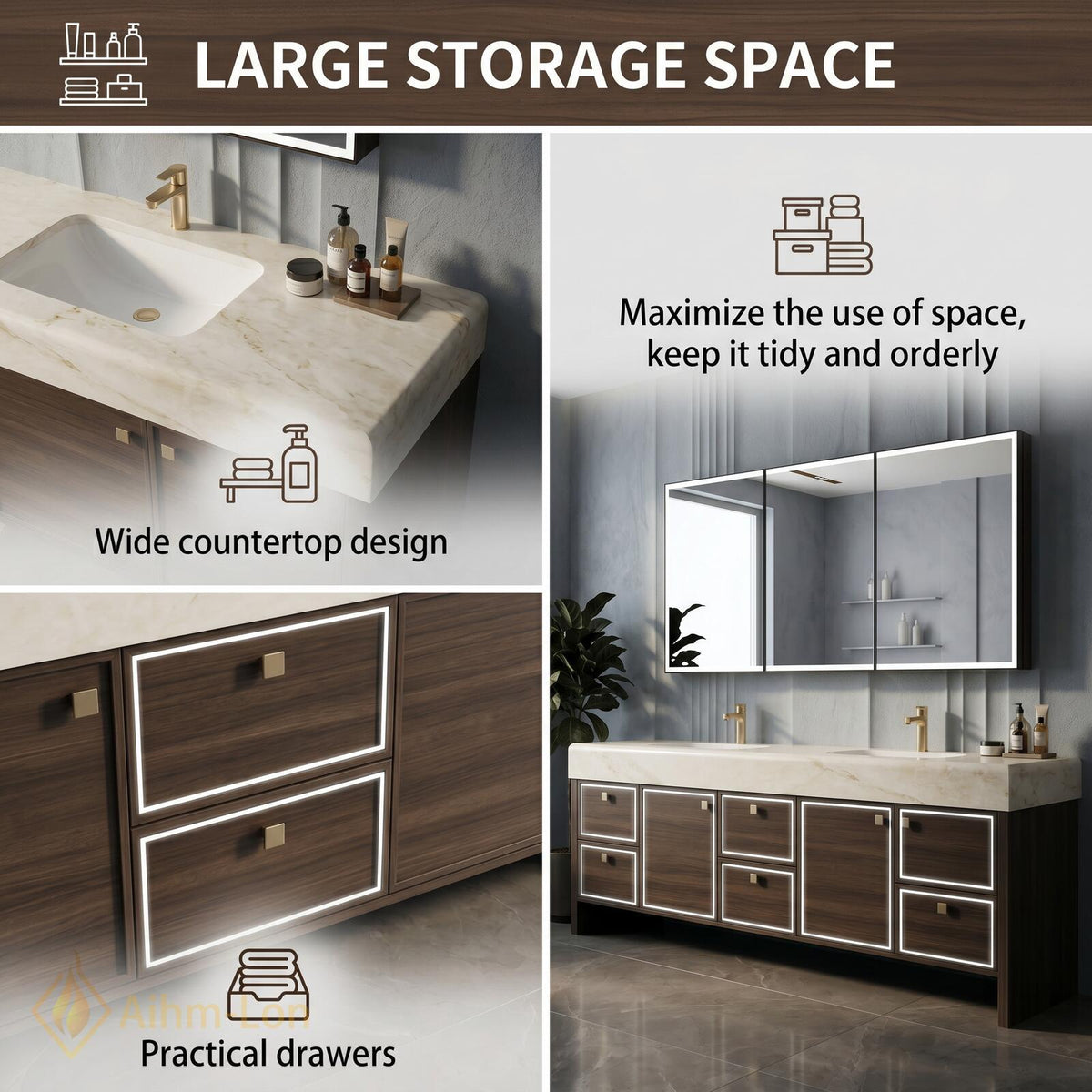 76''-96'' Double Bathroom Vanity with Sink Floating Double Walnut Finish Slatted Panel