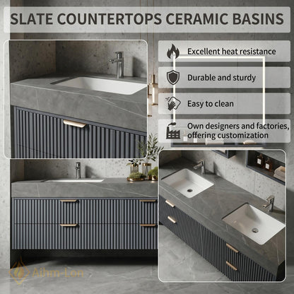 60''-96'' Double Bathroom Vanity with Sink Modern Floating Dark Grey Finish Fluted