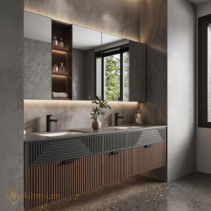60''-96'' Double Bathroom Vanity with Sink Two Tone Floating Geometric Panels Mirror