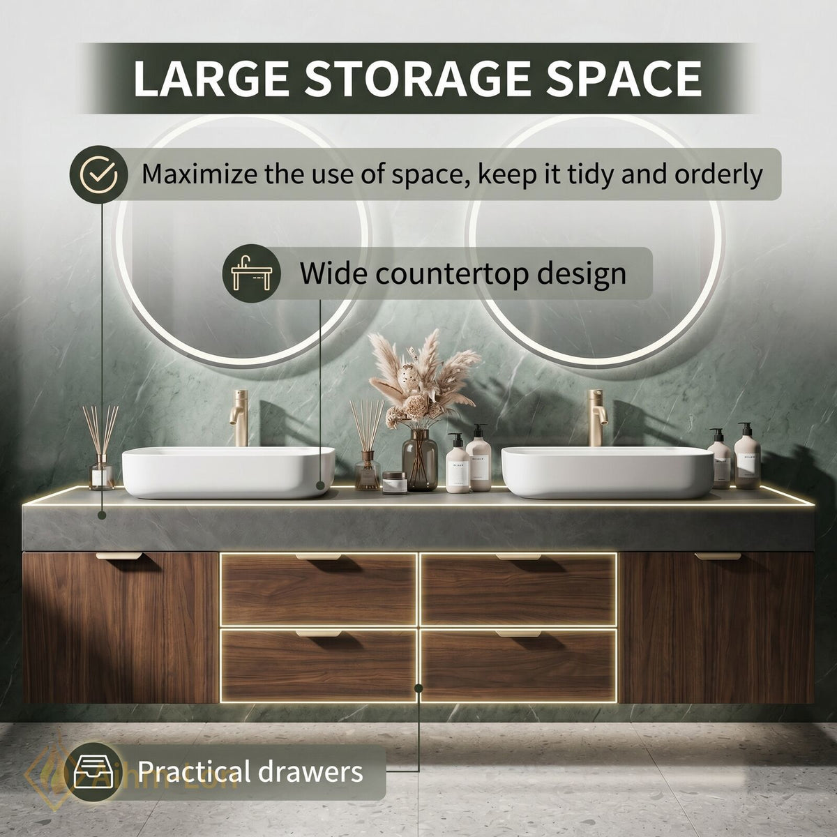60''-96'' Double Bathroom Vanity with Sink Dark Walnut Slatted Center Panel Shelving