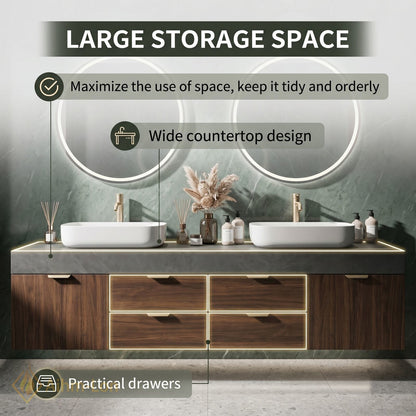60''-96'' Double Bathroom Vanity with Sink Dark Walnut Slatted Center Panel Shelving