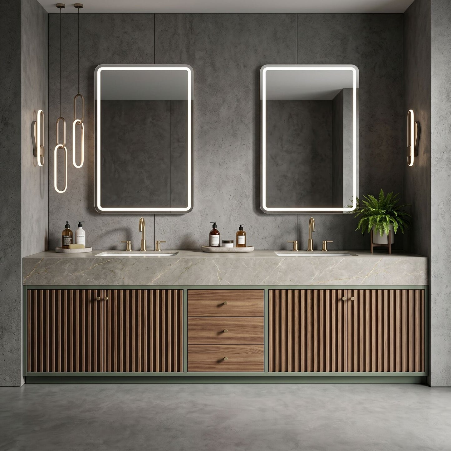 60''-96'' Modern Bathroom Vanity with Sink Double Basin Marble Top Vertical Slat Green