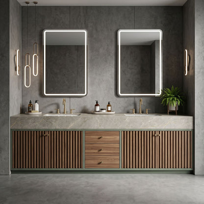 60''-96'' Modern Bathroom Vanity with Sink Double Basin Marble Top Vertical Slat Green