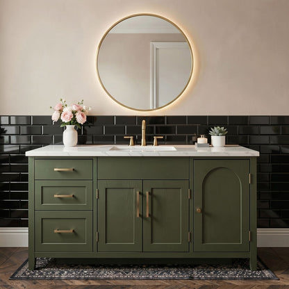 52''-64'' Modern Bathroom Vanity with Sink Single Olive Green Solid Wood Drawers Cabinet