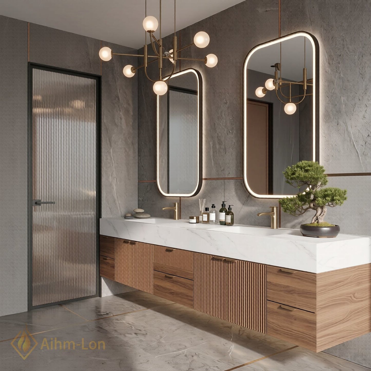 76''-96'' Double Bathroom Vanity with Sink White-Marble White Floating Slatted Pattern Top