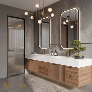76''-96'' Double Bathroom Vanity with Sink White-Marble White Floating Slatted Pattern Top