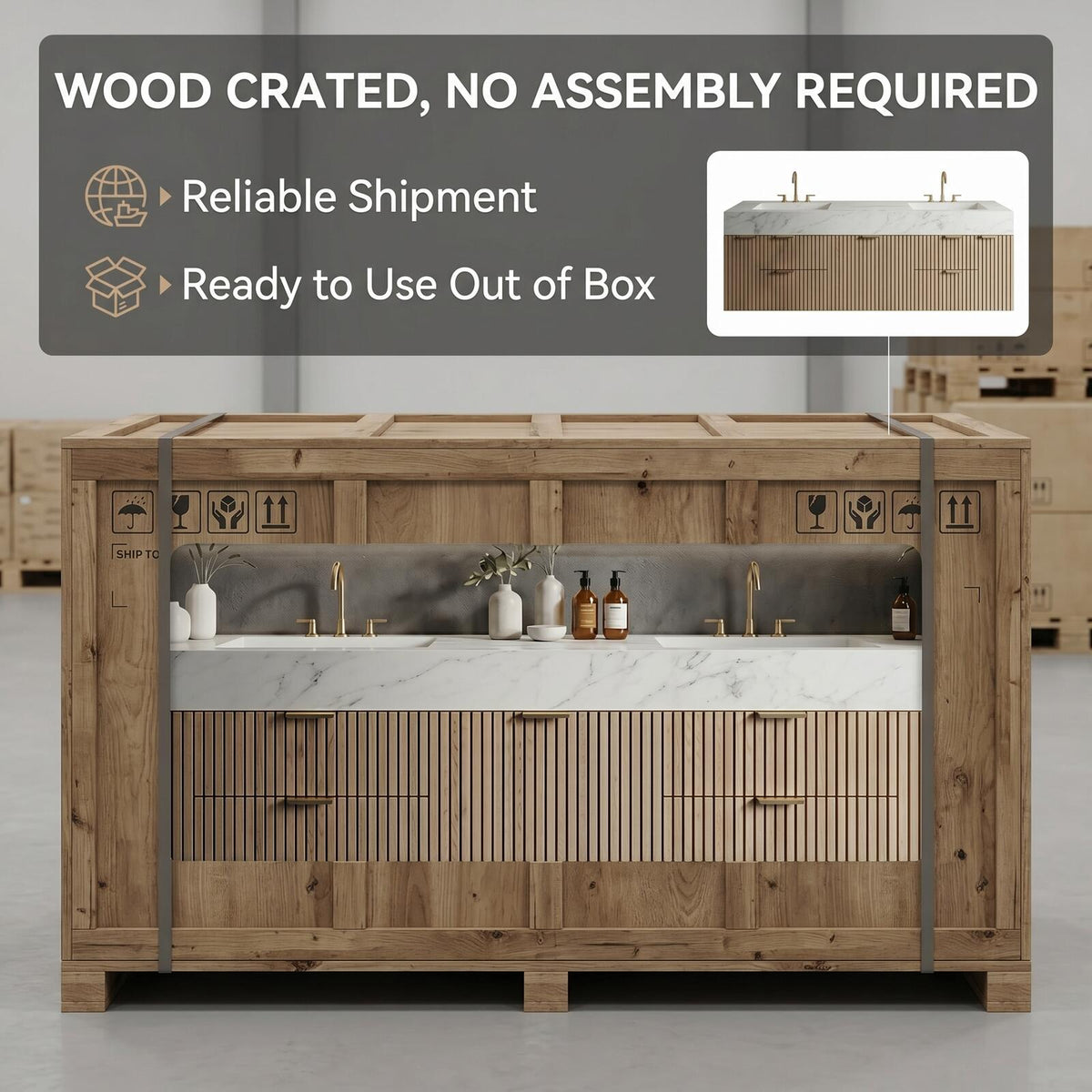 60''-96'' Double Bathroom Vanity with Sink Floating Warm Oak Slatted Finish Open Shelving