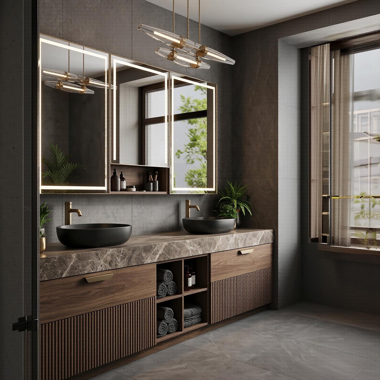 60''-96'' Modern Bathroom Vanity with Sink Double Sink Dark Walnut Slatted Marble Pattern Cabinet