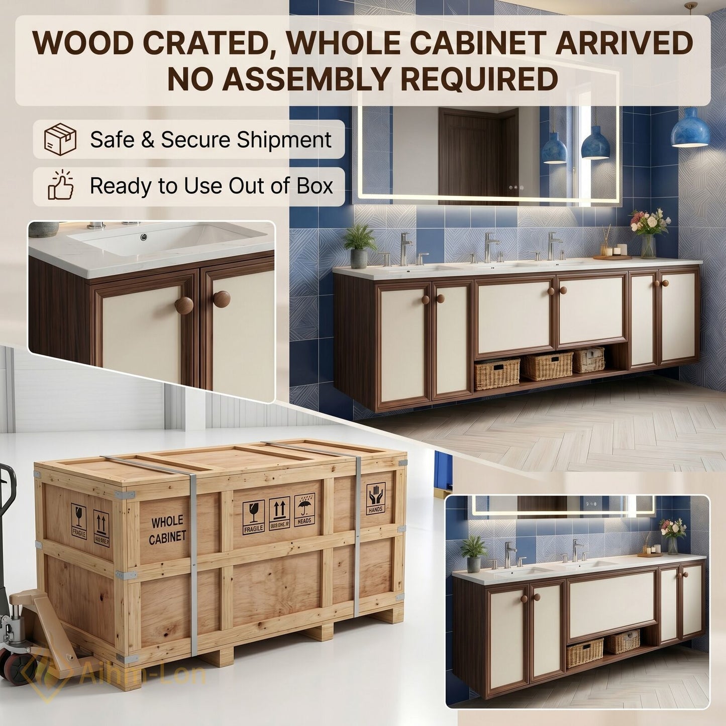 78''-96'' Floating Bathroom Vanity with Sink Wood Frame Panels Illuminated Mirror Cabinet