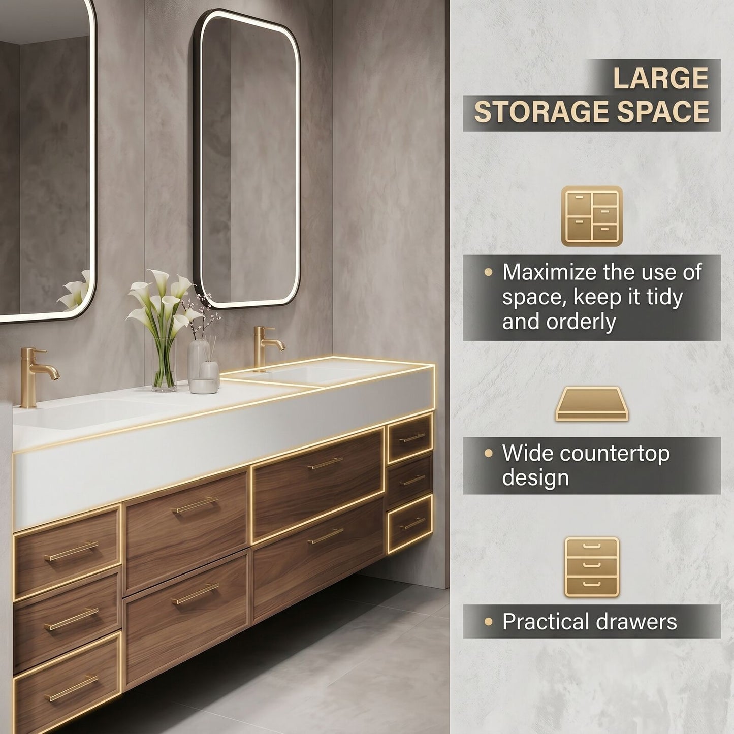 76''-96'' Modern Bathroom Vanity with Sink Floating Drawers Gold Hardware Dual Mirrors