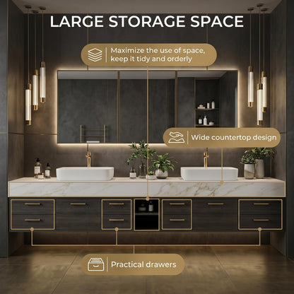 70''-96'' Modern Bathroom Vanity with Sink Double Sink Dark Walnut Slatted Center Panel Cabinet