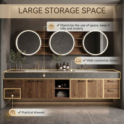 78''-96'' Double Bathroom Vanity with Sink Dark Walnut Open Shelving Slatted Panel