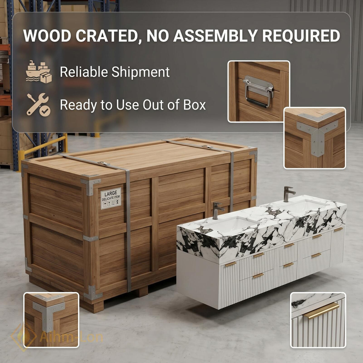 60''-96'' Double Bathroom Vanity with Sink Vertical Slatted Front Warm Wood Tone