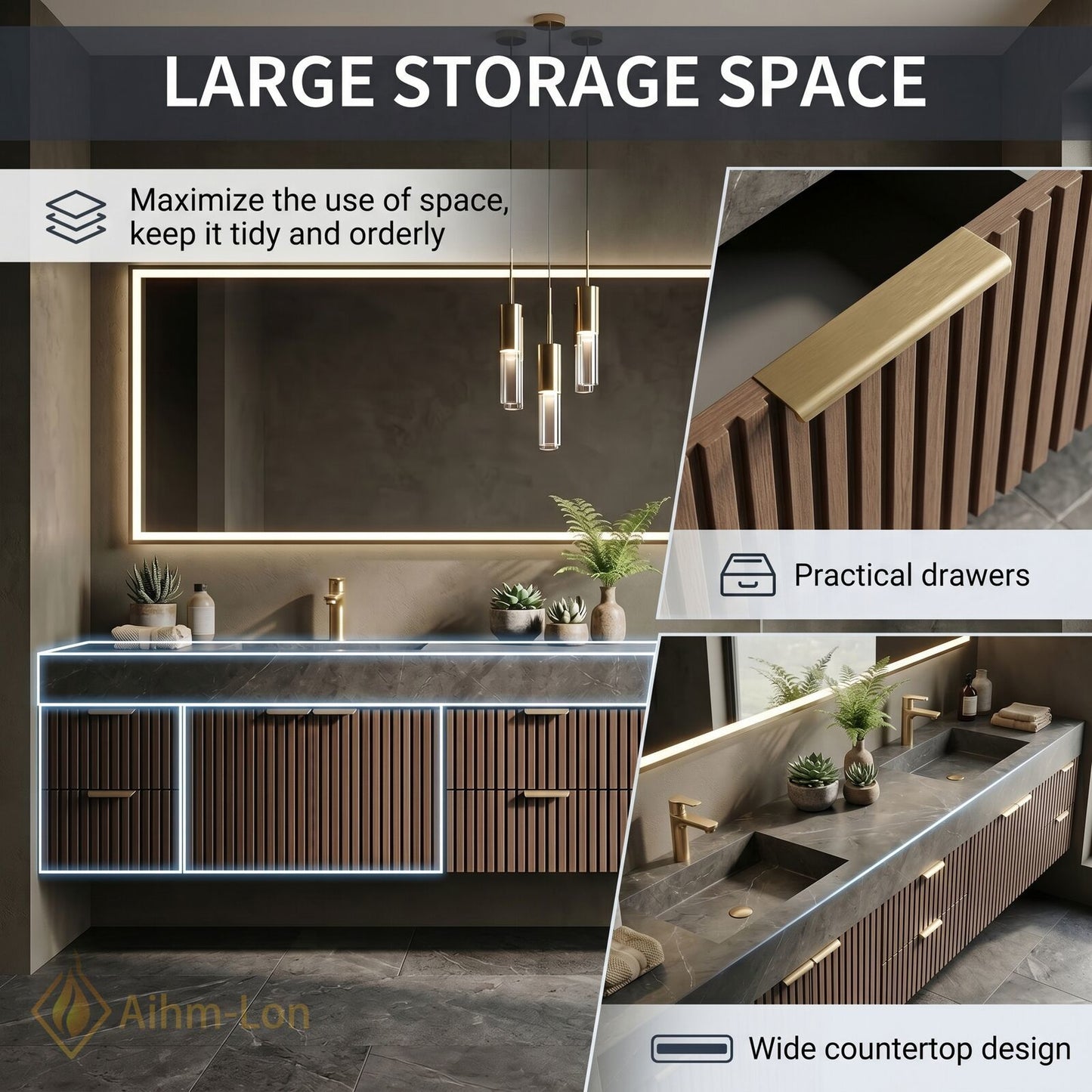 76''-96'' Double Bathroom Vanity with Sink Vertical Slatted Panels Floating Storage Deep