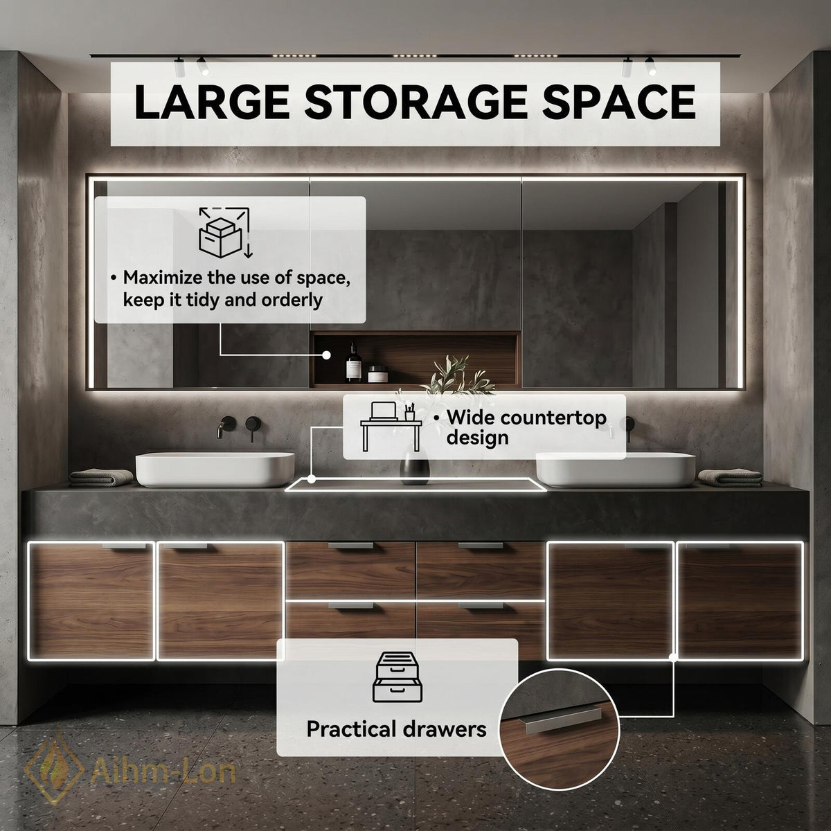 60''-96'' Double Bathroom Vanity with Sink Dark Walnut Slatted Center Panel Design