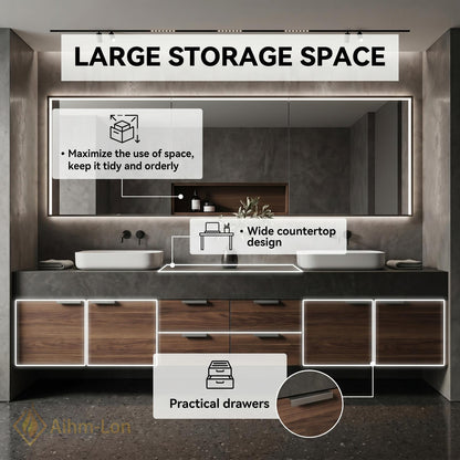 60''-96'' Double Bathroom Vanity with Sink Dark Walnut Slatted Center Panel Design