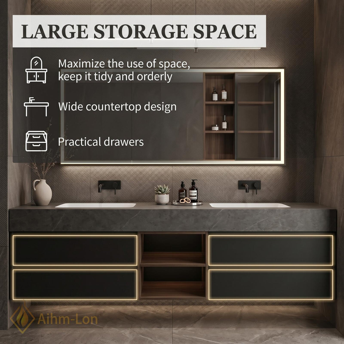 60''-96'' Double Bathroom Vanity with Sink Floating Dark Matte Finish Open Shelf