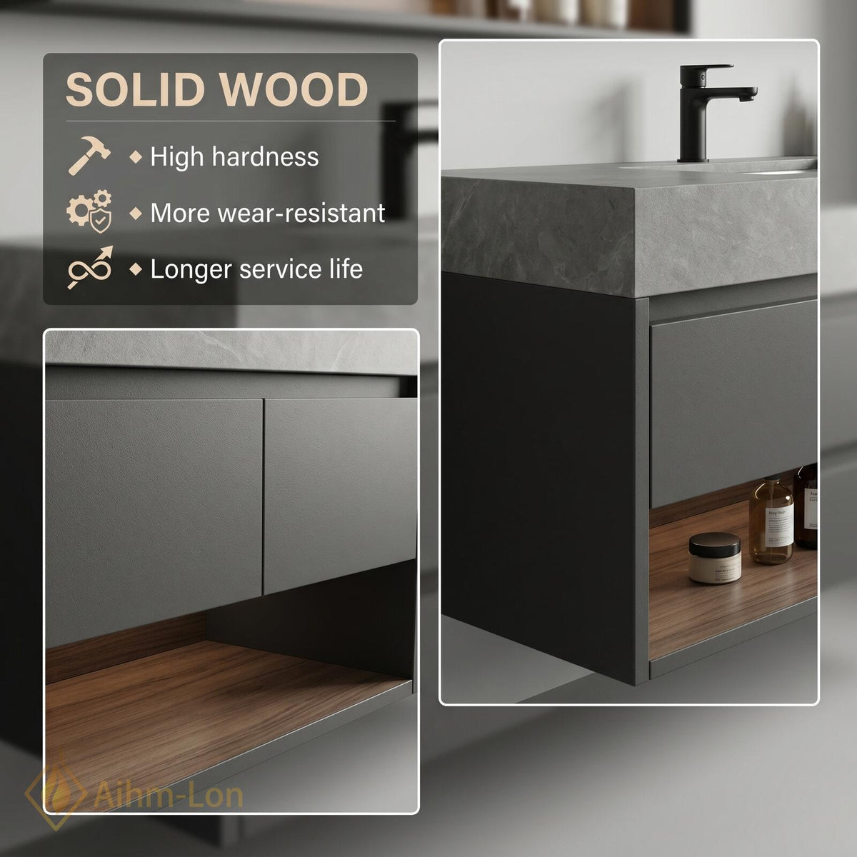 60''-96'' Double Bathroom Vanity with Sink Floating Dark Matte Stone Central Shelving