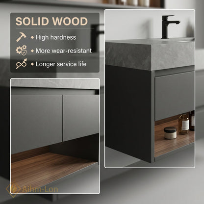 60''-96'' Double Bathroom Vanity with Sink Floating Dark Matte Stone Central Shelving