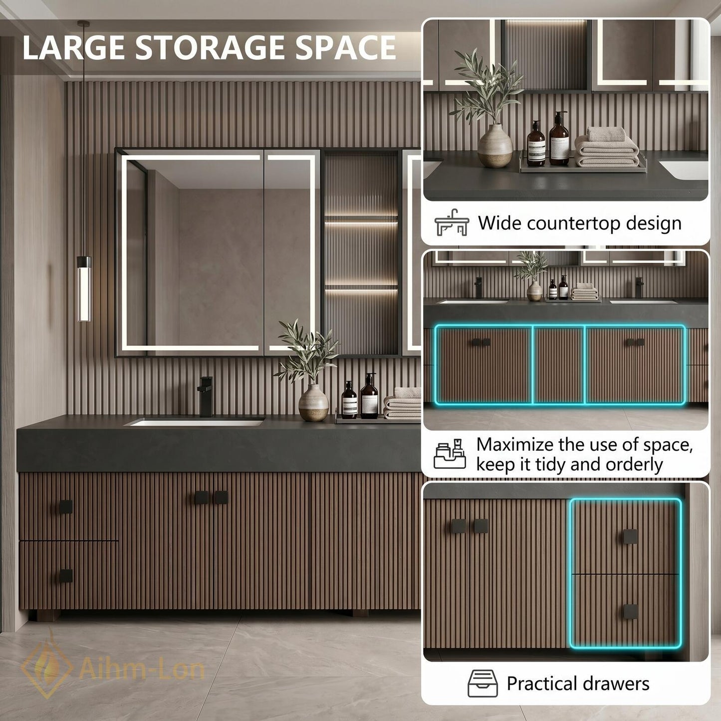 70''-96'' Modern Double Bathroom Vanity with Sink Floating Dark Stone Slatted Wood