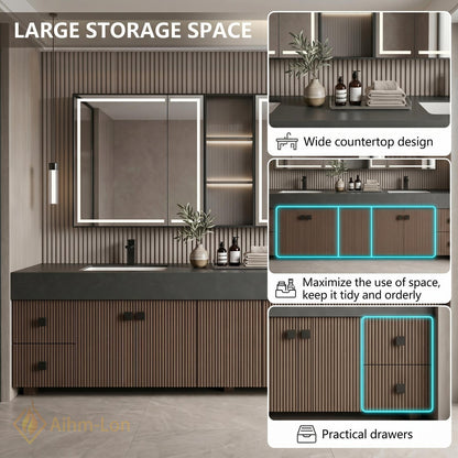 70''-96'' Modern Double Bathroom Vanity with Sink Floating Dark Stone Slatted Wood