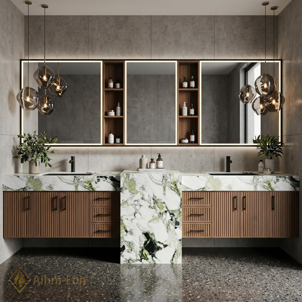 60''-96'' Double Bathroom Vanity with Sink Green Veined Marble Slatted Wood Panels