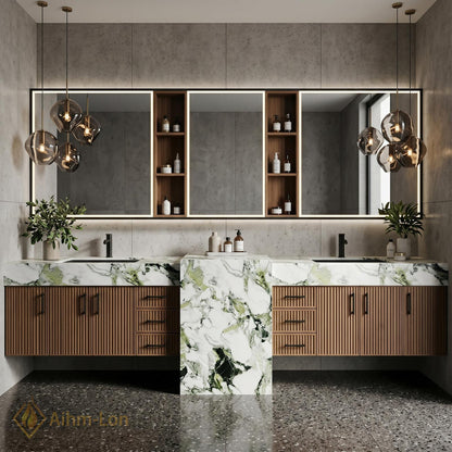60''-96'' Double Bathroom Vanity with Sink Green Veined Marble Slatted Wood Panels