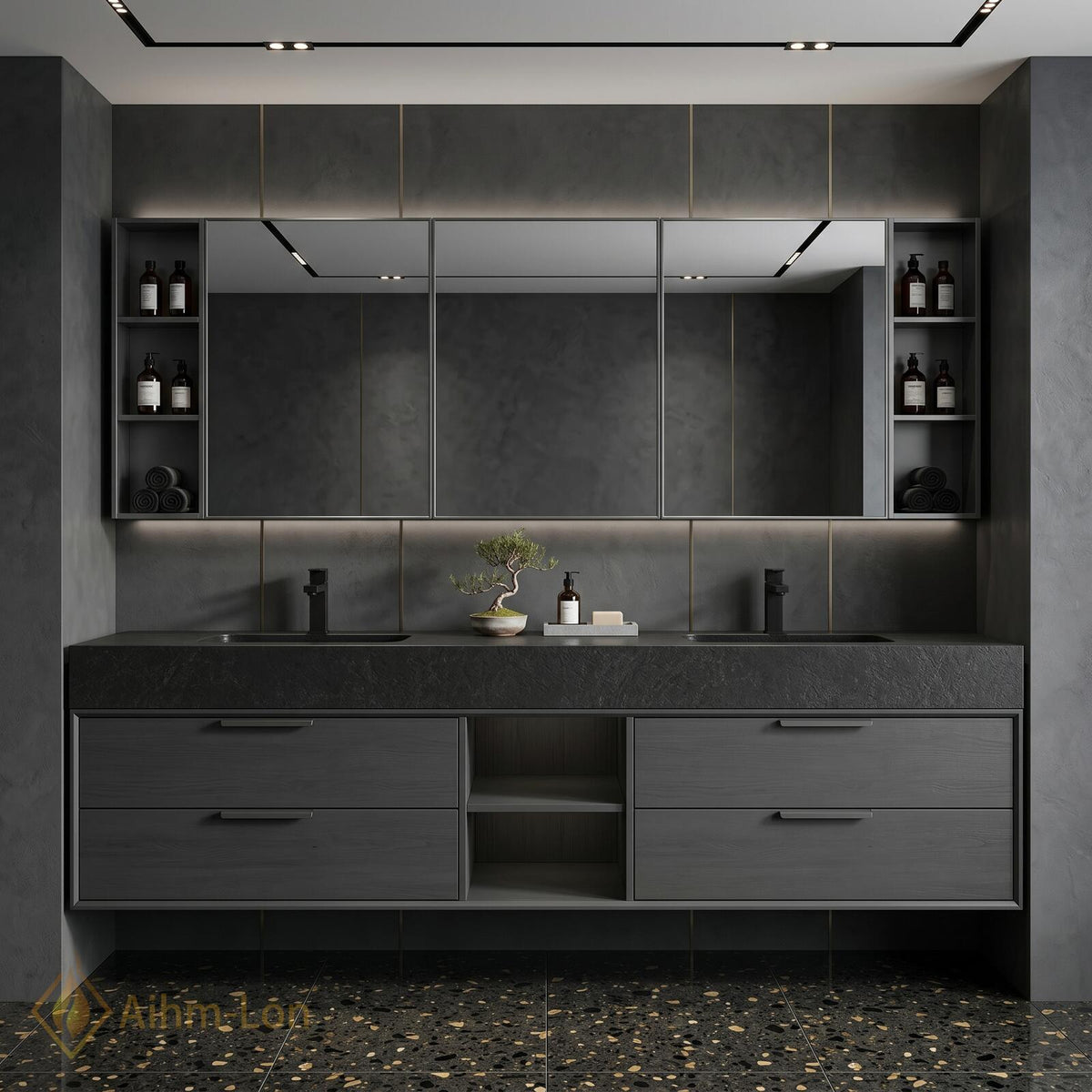 60''-96'' Bathroom Vanity with Sink Modern Floating Dark Stone Top Open Mirror