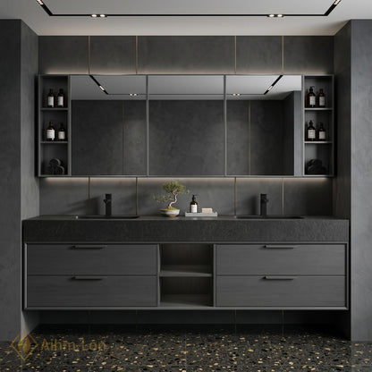 60''-96'' Bathroom Vanity with Sink Modern Floating Dark Stone Top Open Mirror