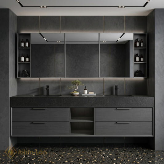 60''-96'' Bathroom Vanity with Sink Modern Floating Dark Stone Top Open Mirror