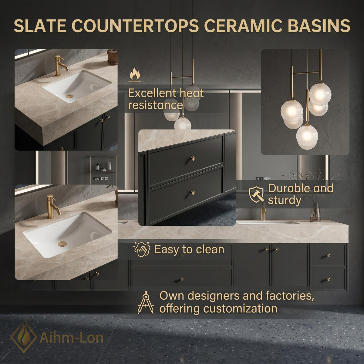60''-96'' Double Bathroom Vanity with Sink Long Dark Matte Finish Stone Top