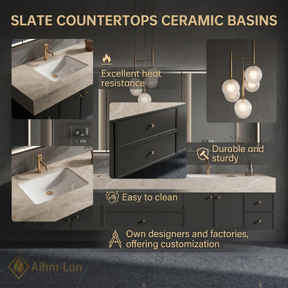 60''-96'' Double Bathroom Vanity with Sink Long Dark Matte Finish Stone Top