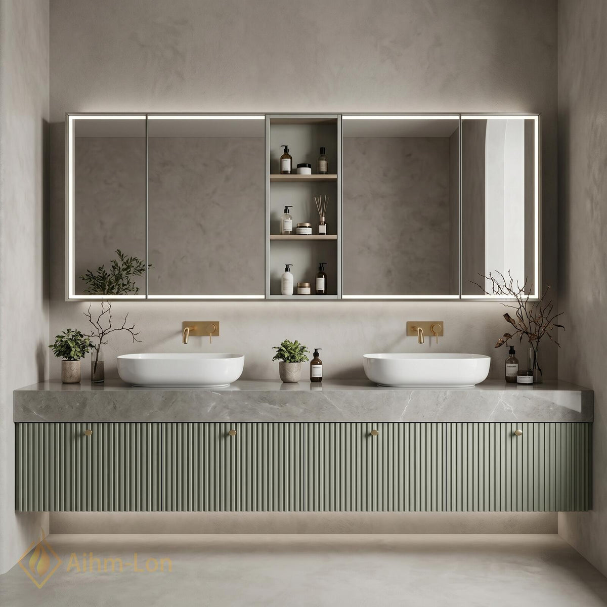 60''-96'' Double Bathroom Vanity with Sink Floating Ribbed Doors Sage Green Finish