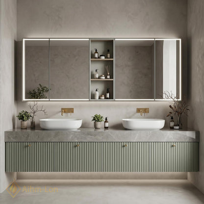 60''-96'' Double Bathroom Vanity with Sink Floating Ribbed Doors Sage Green Finish