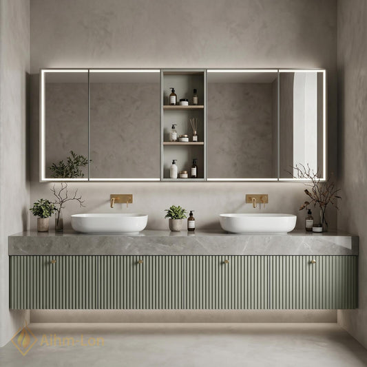 60''-96'' Double Bathroom Vanity with Sink Floating Ribbed Doors Sage Green Finish
