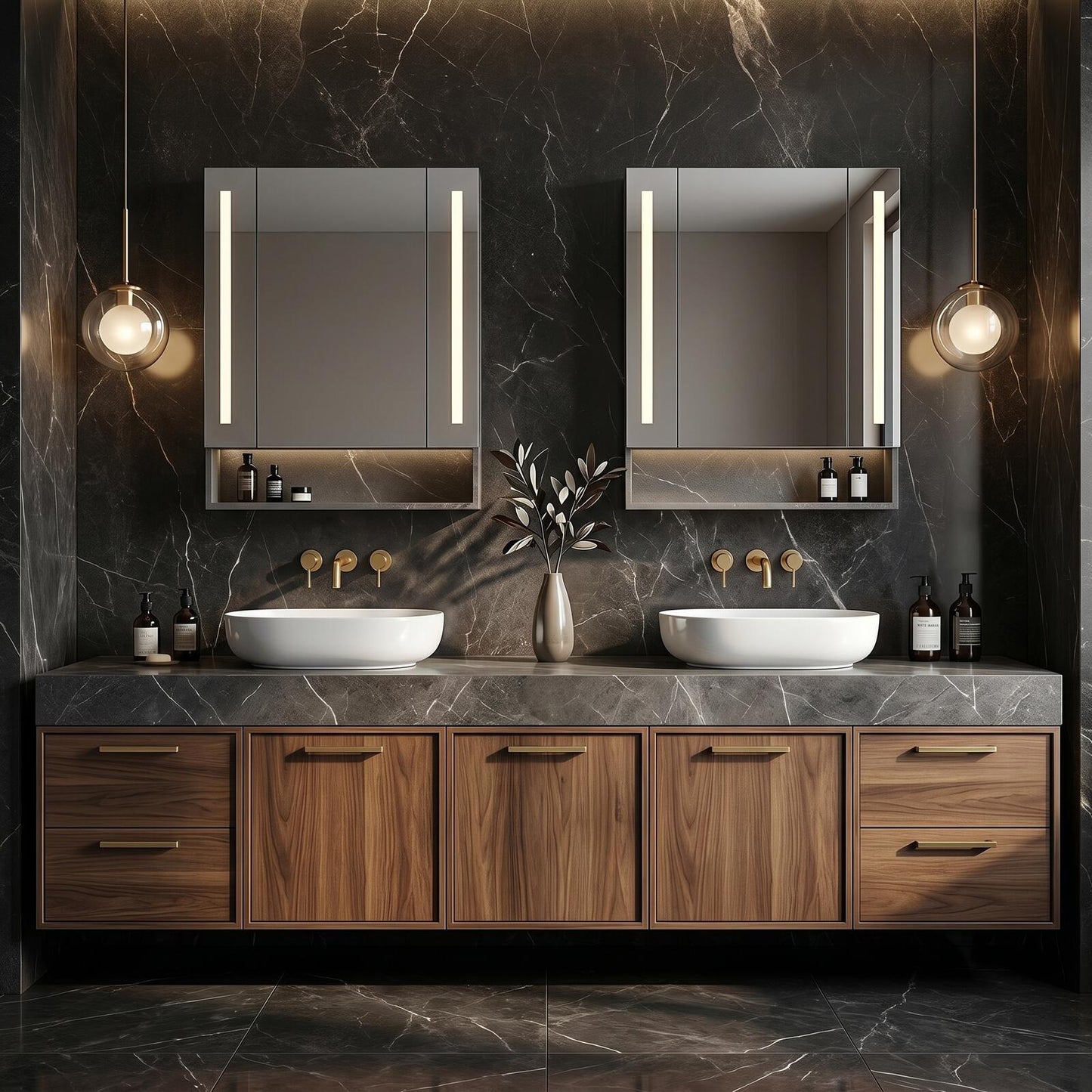 70''-96'' Modern Bathroom Vanity with Sink Double Sink Dark Marble Walnut Finish Mirror Cabinet