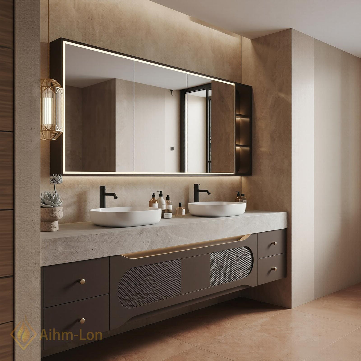 60''-96'' Double Bathroom Vanity with Sink Slatted Front Open Shelving Cabinet