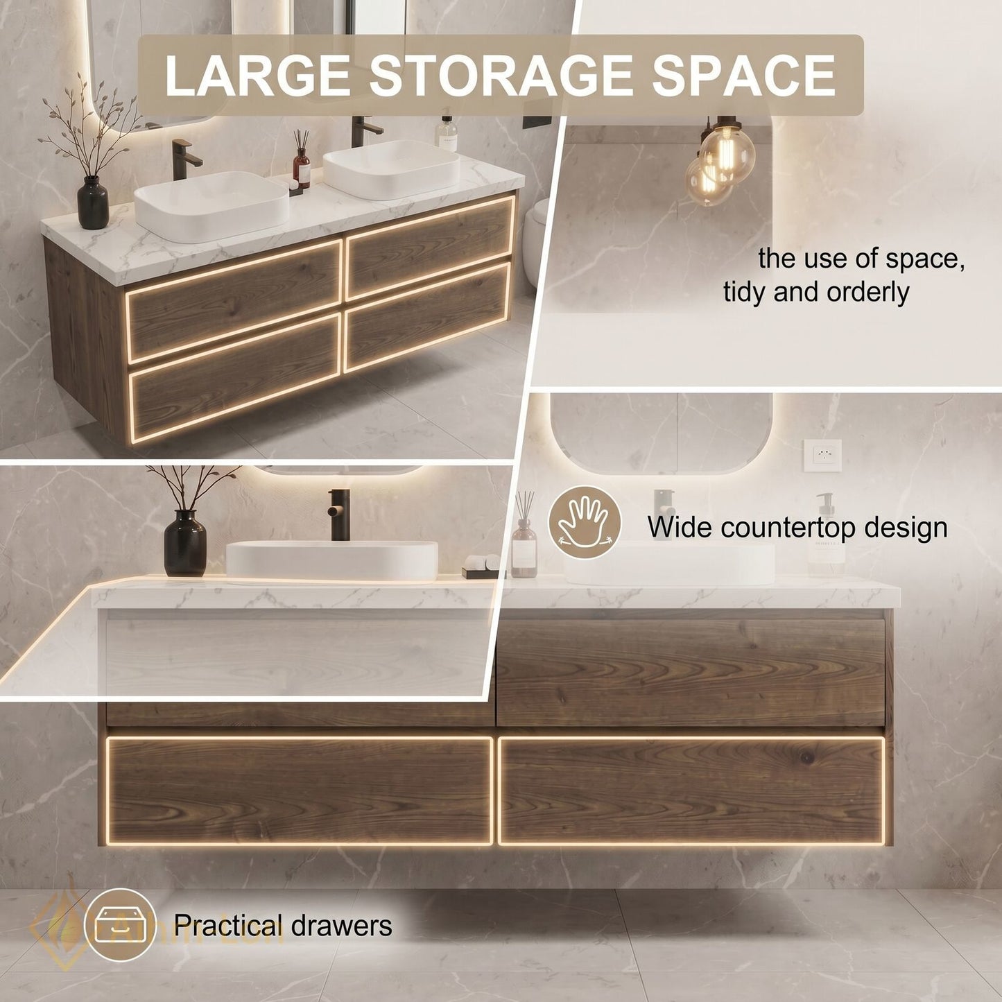 60''-96'' Modern Bathroom Vanity with Sink Floating Dark Wood Grain Dual Basin Drawers