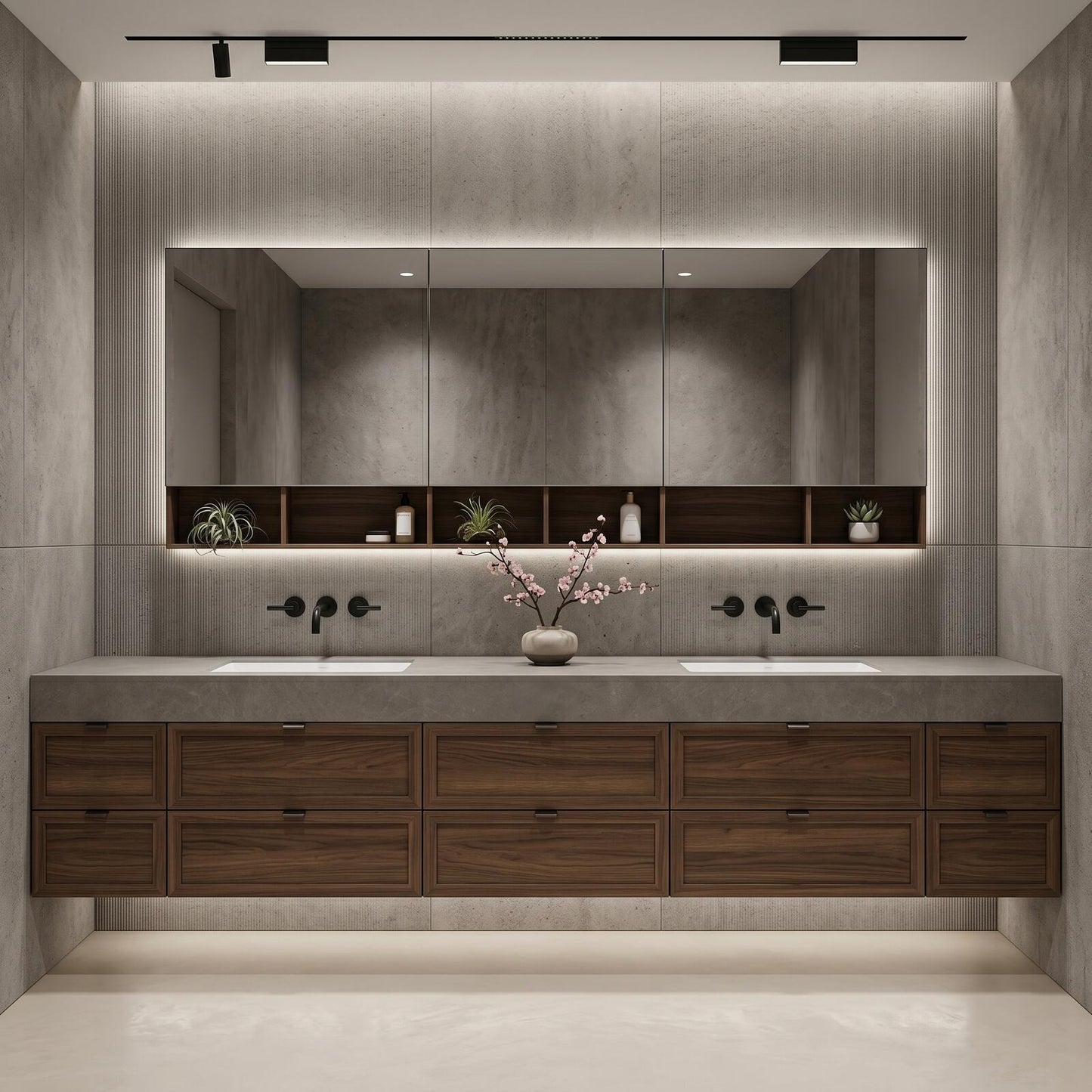 70''-96'' Modern Bathroom Vanity with Sink Double Sink Dark Walnut Slatted Shelf Cabinet