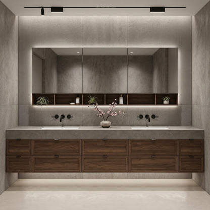 70''-96'' Modern Bathroom Vanity with Sink Double Sink Dark Walnut Slatted Shelf Cabinet