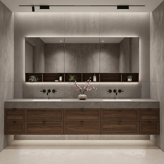 70''-96'' Modern Bathroom Vanity with Sink Double Sink Dark Walnut Slatted Shelf Cabinet