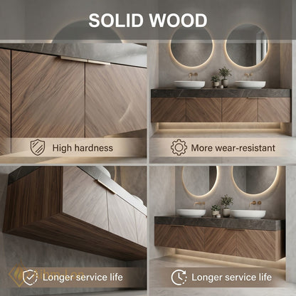 60''-96'' Double Bathroom Vanity with Sink Herringbone Wood Panels Dark Stone Countertop