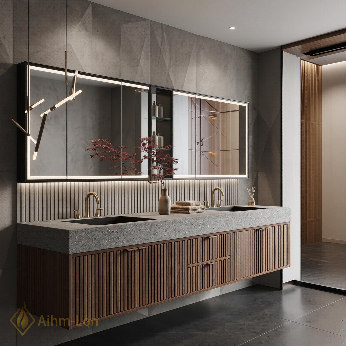 76''-96'' Bathroom Vanity with Sink Floating Vanity Slate Look Countertop Glass Center