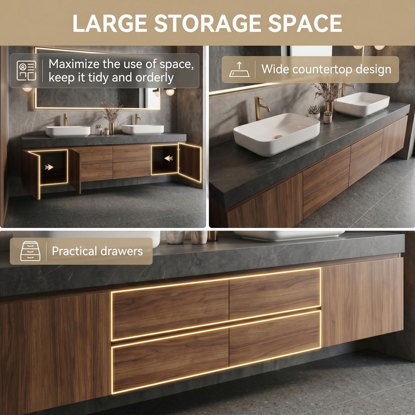 60''-96'' Modern Bathroom Vanity with Sink Double Sink Dark Stone Walnut Wood Drawers Cabinet