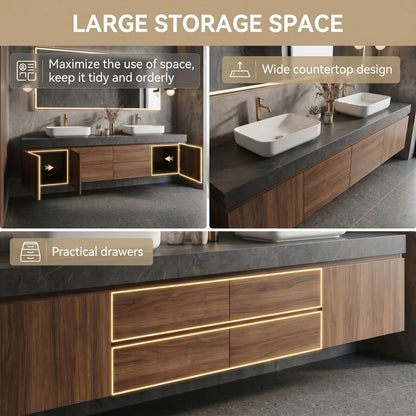 60''-96'' Modern Bathroom Vanity with Sink Double Sink Dark Stone Walnut Wood Drawers Cabinet